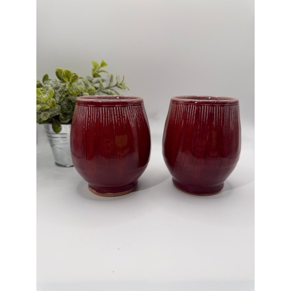 Ben Owen Pottery Cynthia Albert Handless Mug Oxblood Gray Lined Seagrove NC